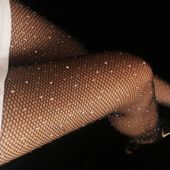 PACK OF 3 PAIRS!!! Black AB Crystal Rhinestone Mesh Fishnet Tights Pantyhose - Picture 3 of 9
